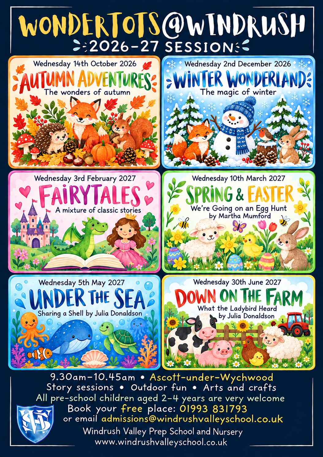 Wondertots at Windrush 2026-27 sessions poster – six half-termly sessions, 9.30am–10.45am, free for pre-school children aged 2–4